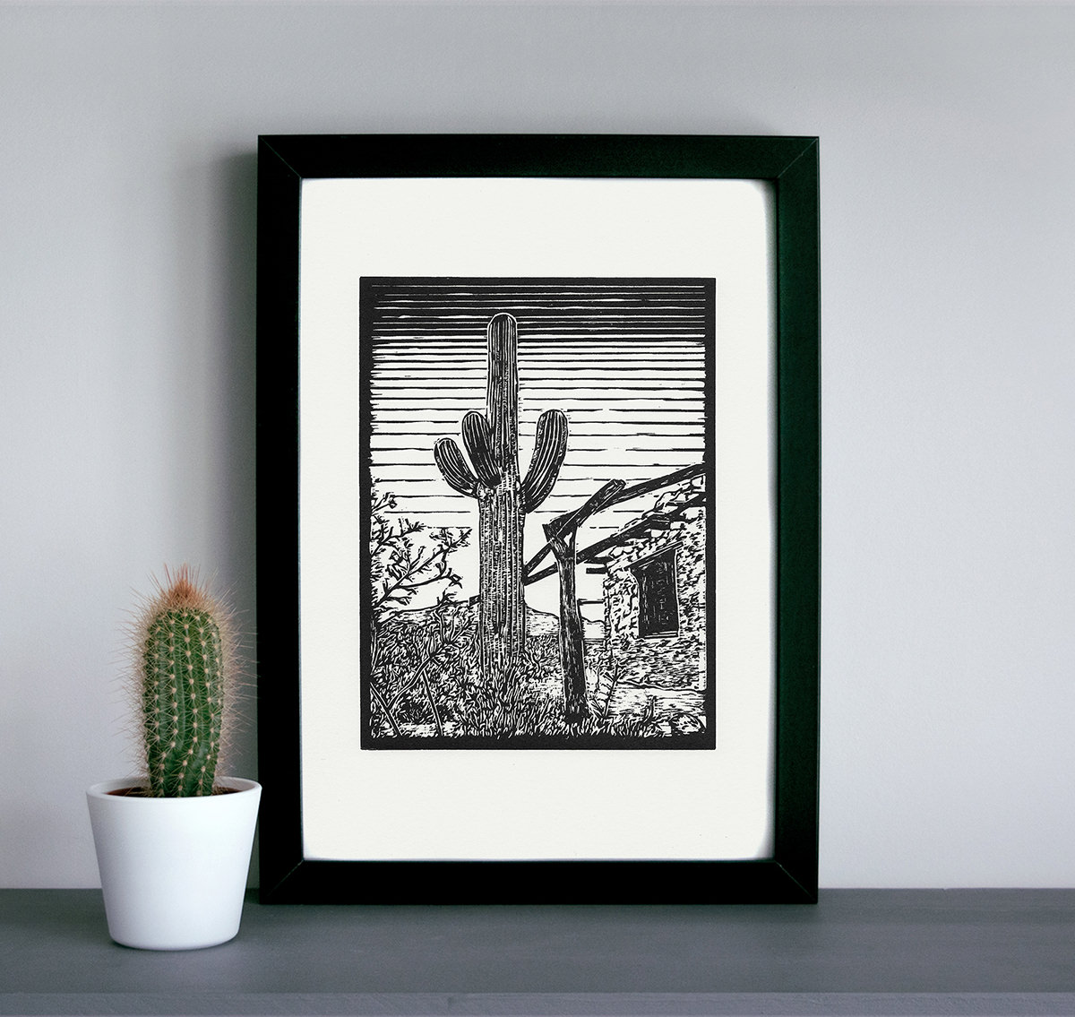 Saguaro cactus linocut print